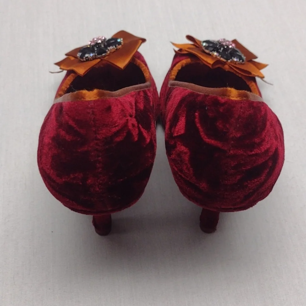 Poetic License Burgundy Velvet Heels with Gold Bow & Jewel Accent